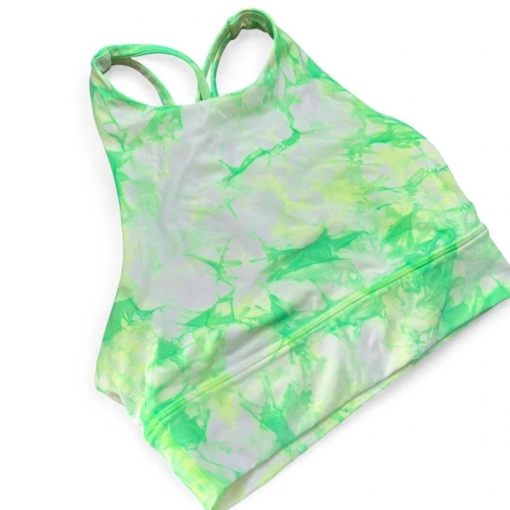 Lululemon Energy Bra Green Yellow White High Neck Sports Bra Long Line Medium